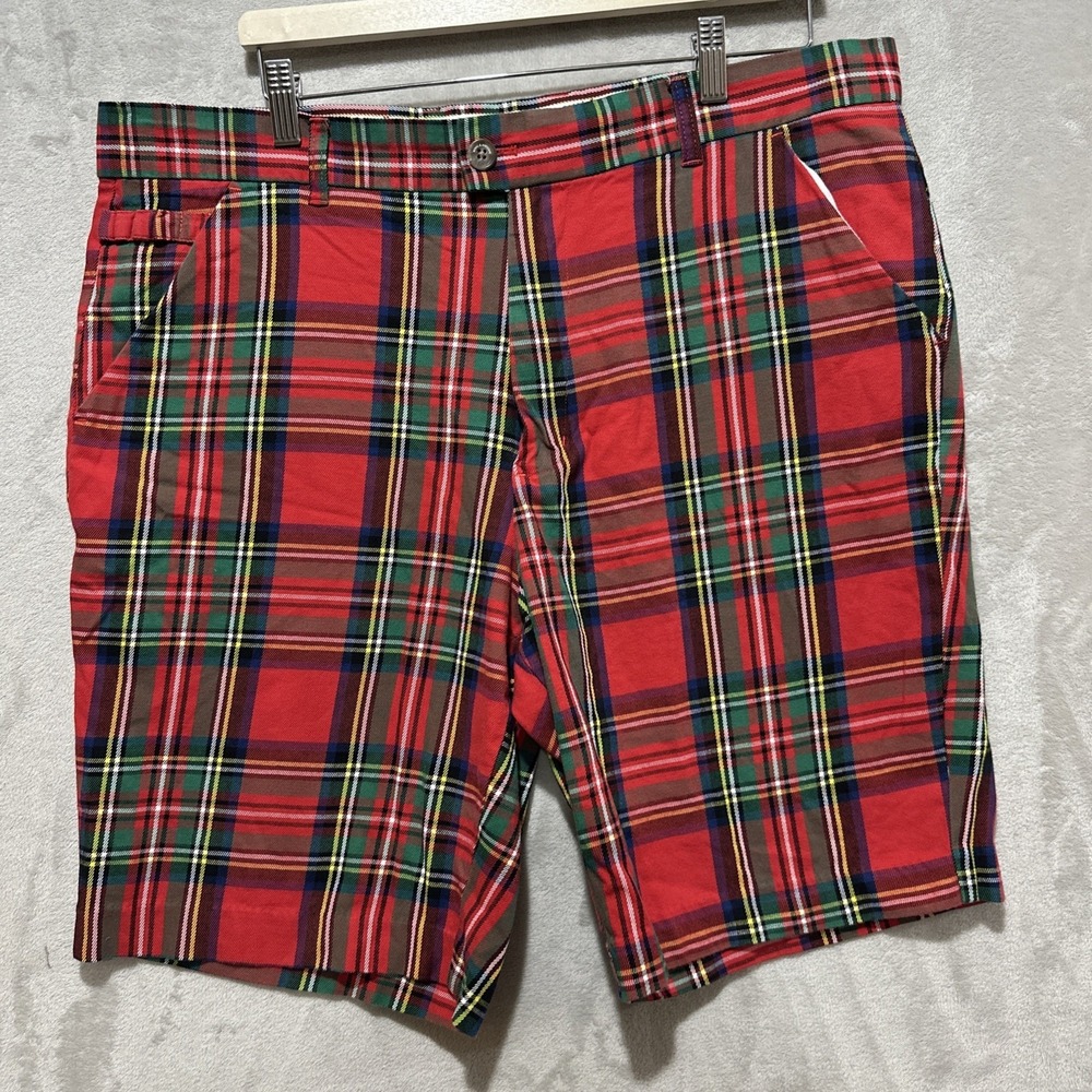 Royal & Awesome Men's 38 Golf Bermuda Shorts Red Plaid Tartan Belt Loops Pockets